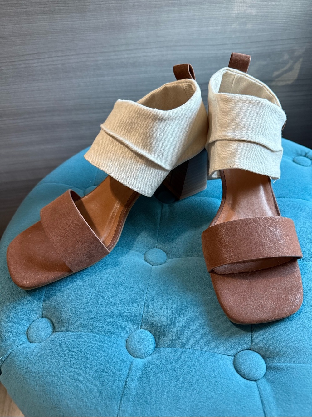 Women's Two-Tone Brown and Cream Block Heel Sandals